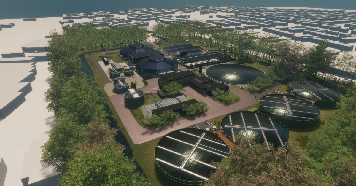 Bird's-eye render van de nieuwe circulaire RWZI Zeist